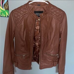 Guess Brown Leather Moto Jacket with Quilted Shoulders